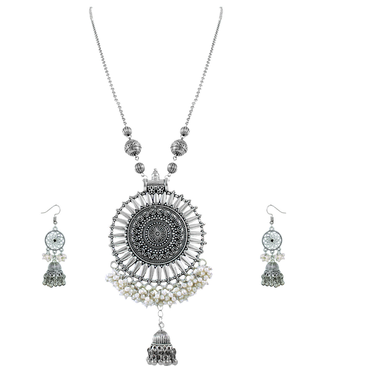JFL‑Jewellery for Less Oxidised Silver Jewellery Set–Necklace,Earrings with Intricate Circular Pendant and White Bead Fringe, Matching Danglers-For Women & Girls–Navratri,Garba