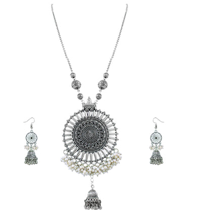 JFL‑Jewellery for Less Oxidised Silver Jewellery Set–Necklace,Earrings with Intricate Circular Pendant and White Bead Fringe, Matching Danglers-For Women & Girls–Navratri,Garba