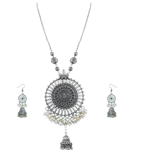 JFL‑Jewellery for Less Oxidised Silver Jewellery Set–Necklace,Earrings with Intricate Circular Pendant and White Bead Fringe, Matching Danglers-For Women & Girls–Navratri,Garba