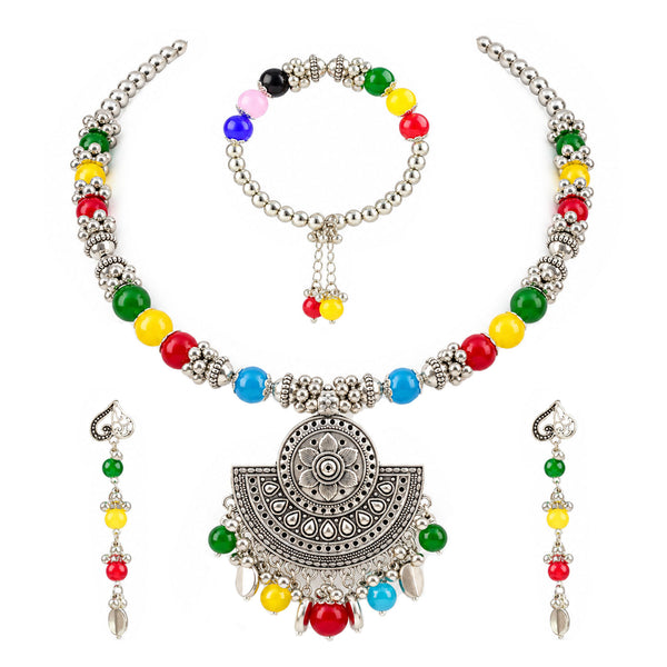 Oxidized German Silver Multicolor Beaded Necklace, Bracelet & Earrings Set – Floral Pendant Ethnic Wire Collar Jewellery Set for Women, Navratri Special