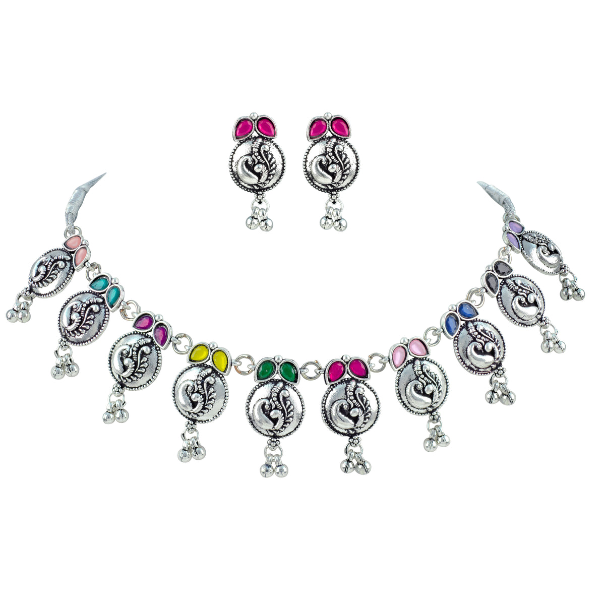 JFL - Jewellery for Less Oxidized German Silver Navratri Necklace with Bracelet Set – Colorful Stone Peacock Design Pendant Jewellery Set for Women & Girls, Traditional Ethnic Antique Silver Combo