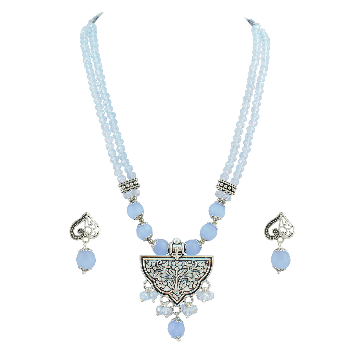 JFL - Jewellery for Less Navratri Necklace Set for Women | German Silver Oxidised Jewellery | Half-Circle Floral Pendant with Light Blue Beads | Traditional Ethnic Necklace & Earrings with Bracelet Set for Garba, Dandiya & Festive