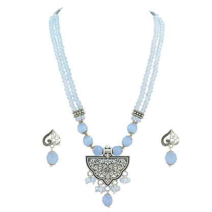 JFL - Jewellery for Less Navratri Necklace Set for Women | German Silver Oxidised Jewellery | Half-Circle Floral Pendant with Light Blue Beads | Traditional Ethnic Necklace & Earrings with Bracelet Set for Garba, Dandiya & Festive