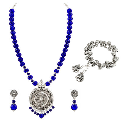 JFL - Jewellery for Less Oxidized German Silver Round Pendant Royal Blue Beads Necklace and Earrings with Bracelet Set for Women | Antique Silver Filigree Design Jewellery Set | Navratri Special Traditional Jewellery