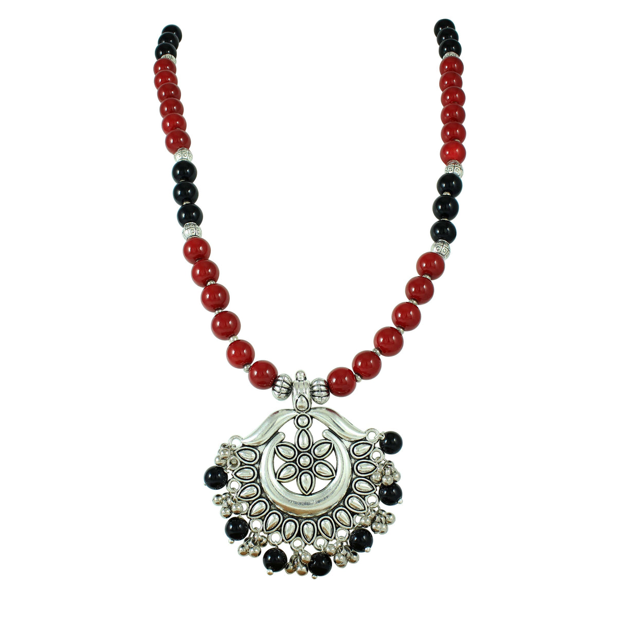 JFL-Jewellery for Less Maroon & Black Beaded Necklace Earrings Bracelet Set with Oxidised Silver Floral Temple Pendant & Jhumka Danglers – Jewellery for Women & Girls – Navratri, Garba