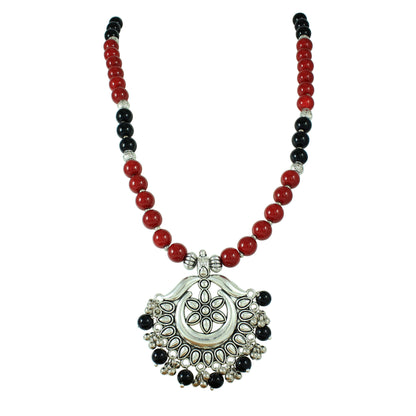 JFL-Jewellery for Less Maroon & Black Beaded Necklace Earrings Bracelet Set with Oxidised Silver Floral Temple Pendant & Jhumka Danglers – Jewellery for Women & Girls – Navratri, Garba