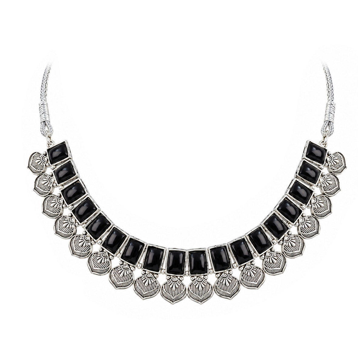 Oxidized Silver Black Stone Choker Necklace with Earrings Set – Navratri Special Traditional Antique Jewellery Set for Women & Girls