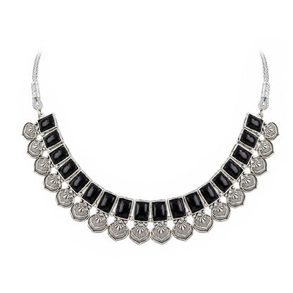 Oxidized Silver Black Stone Choker Necklace with Earrings Set – Navratri Special Traditional Antique Jewellery Set for Women & Girls