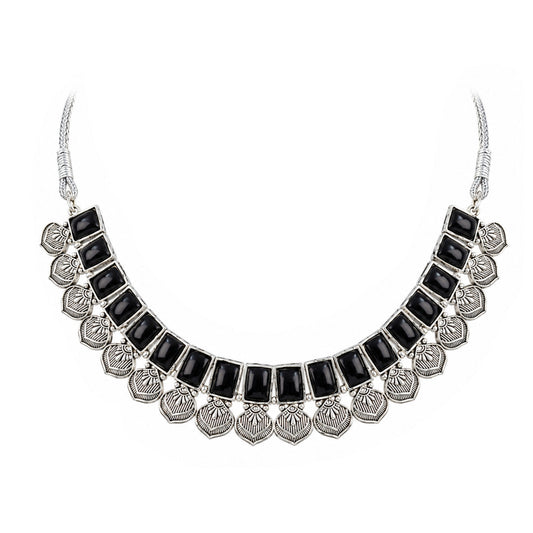 Oxidized Silver Black Stone Choker Necklace with Earrings Set – Navratri Special Traditional Antique Jewellery Set for Women & Girls