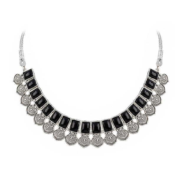 Oxidized Silver Black Stone Choker Necklace with Earrings Set – Navratri Special Traditional Antique Jewellery Set for Women & Girls