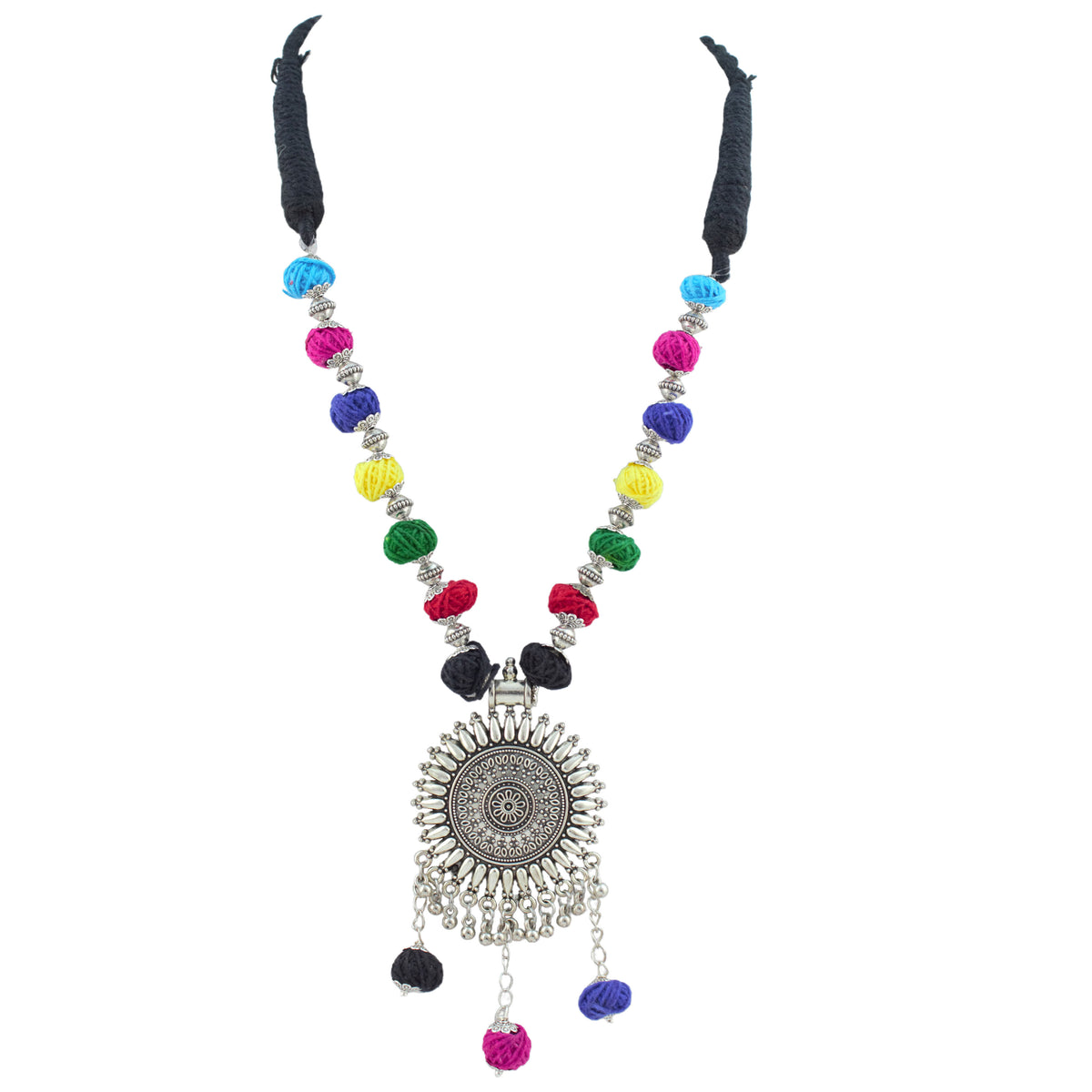JFL - Jewellery for Less Oxidized German Silver Sun Pendant Multicolor Thread Beads Necklace with Earrings Set for Women | Handmade Cotton Thread Jewellery with Adjustable Black Dori | Navratri Special Tribal Jewellery