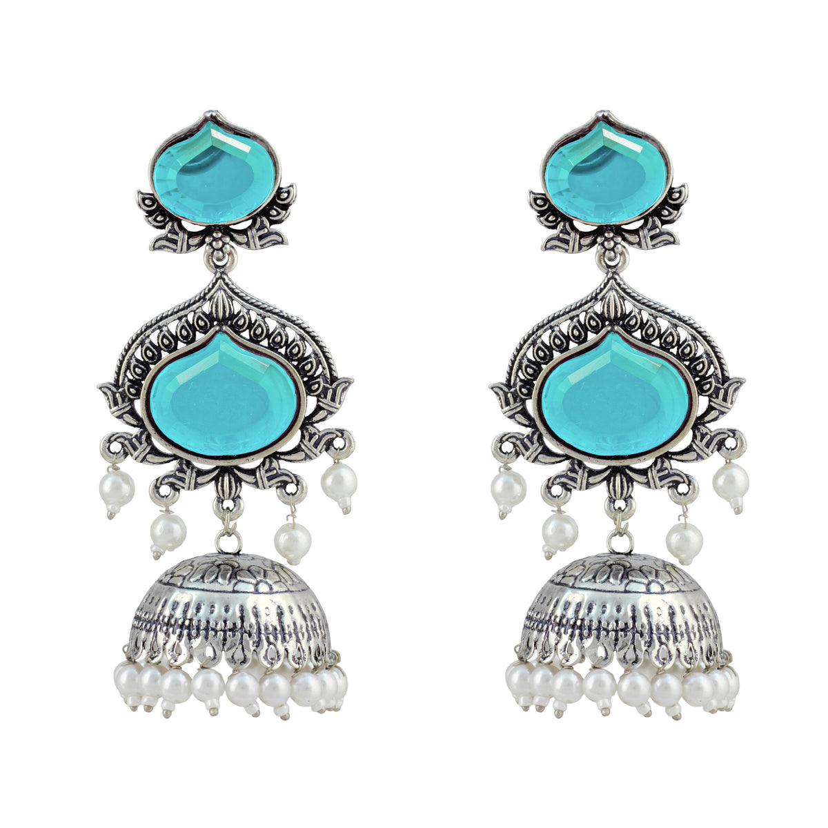 JFL - Jewellery for Less Oxidized Silver-Toned Jhumka Earrings with Sky Blue Stone and Pearl Drops – Traditional Ethnic Jewellery for Women