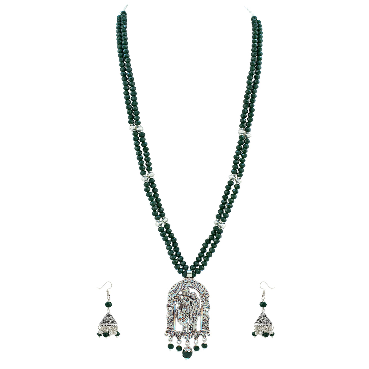 JFL - Jewellery for Less Oxidized German Silver Radha Krishna Pendant Necklace Set and Jhumka Earrings with Bracelet for Women | Dark Green Beaded Traditional Ethnic Jewellery Set | Navratri Festive