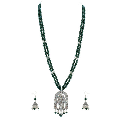 JFL - Jewellery for Less Oxidized German Silver Radha Krishna Pendant Necklace Set and Jhumka Earrings with Bracelet for Women | Dark Green Beaded Traditional Ethnic Jewellery Set | Navratri Festive