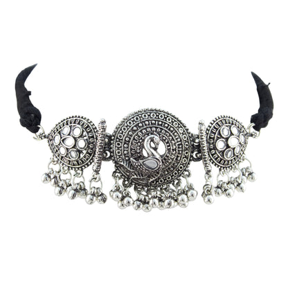 JFL - Jewellery for Less Oxidized German Silver Swan Pendant Necklace Set with Earrings – Mirror Work Choker on Black Thread for Women & Girls, Traditional Ethnic Jewellery Combo
