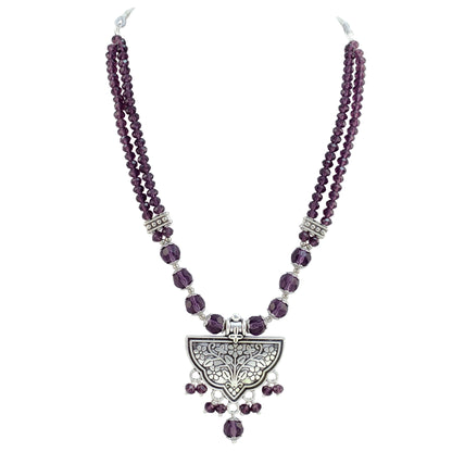 JFL - Jewellery for Less Navratri Wine Crystal Beaded Necklace Earring with Bracelet Set for Women | Oxidized German Silver Floral Pendant | Traditional Ethnic Jewellery for Festive & Wedding