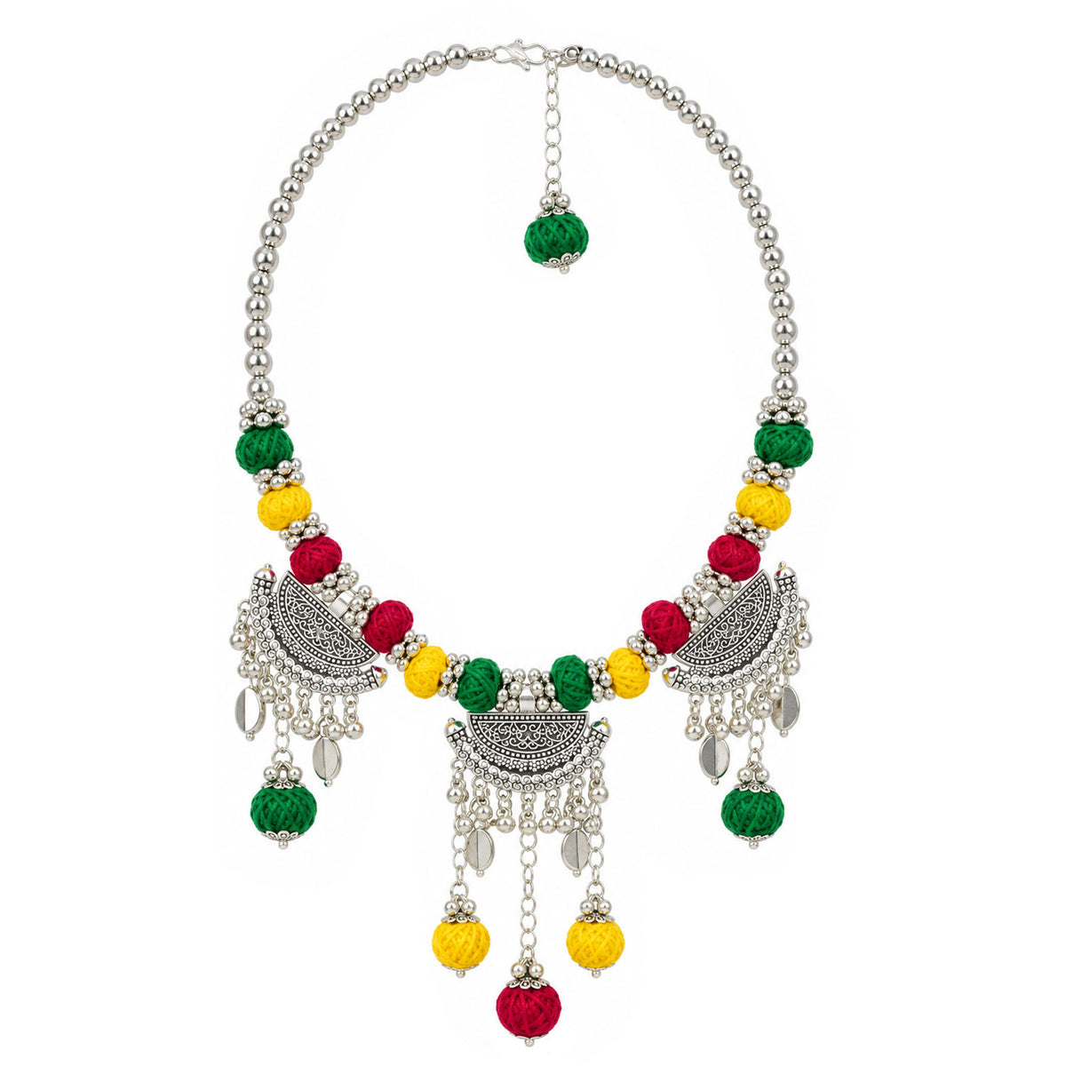 Oxidized German Silver Green Yellow Red Thread Ball Necklace with Earrings, Bracelet – Ethnic Wire Collar Jewellery Set for Women, Navratri Special