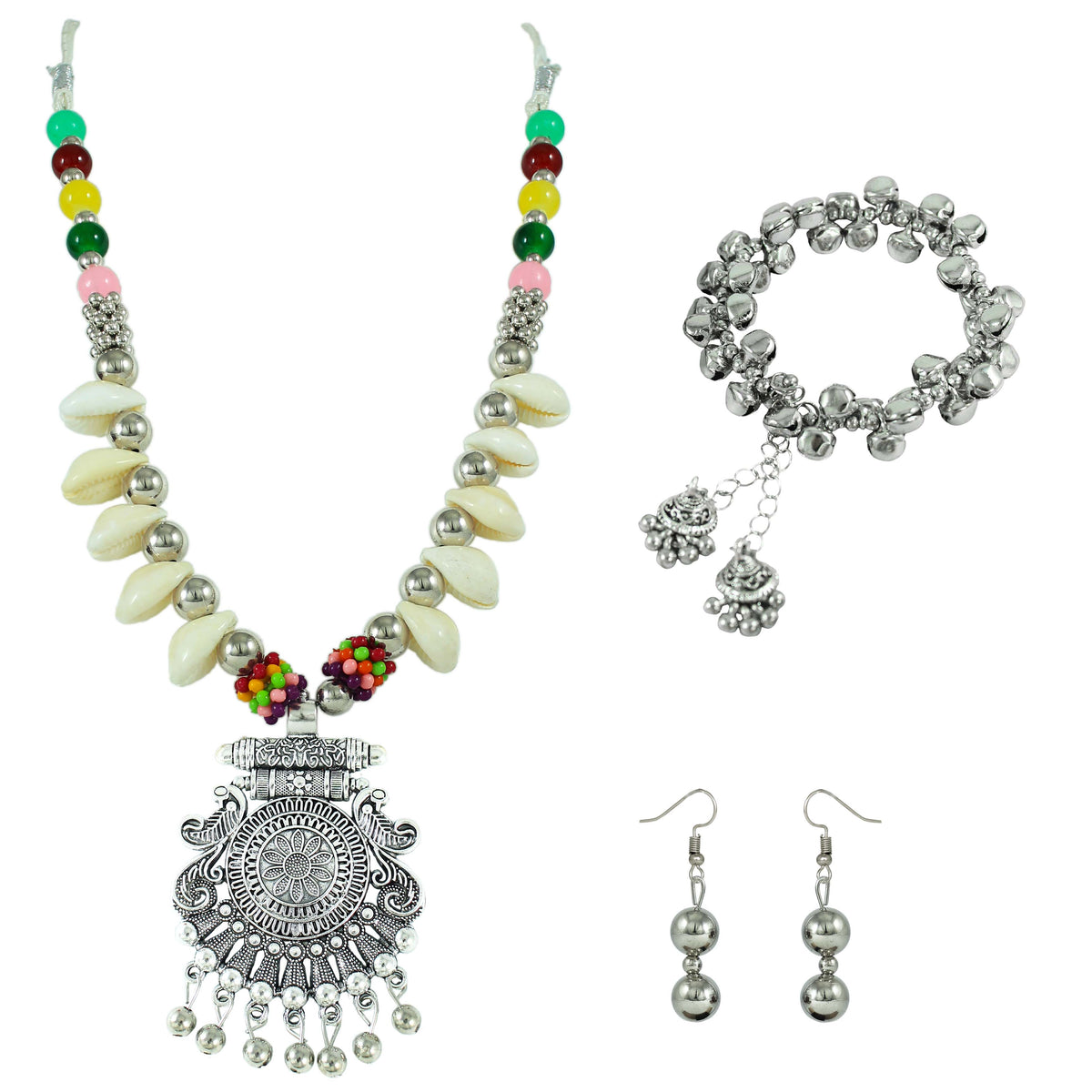 JFL - Jewellery for Less Oxidised Necklace Earrings Bracelet Set with Shell & Multicolour Beads, Jhumka & Charm Accents – Jewellery for Women & Girls – Navratri, Garba, Wedding & Party Use