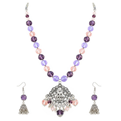 JFL - Jewellery for Less Oxidized Silver Lakshmi Pendant Beaded Necklace Earrings with Bracelet Set – Purple Lavender Peach Crystal Beads Jhumka Earring Jewellery Set for Women & Girls