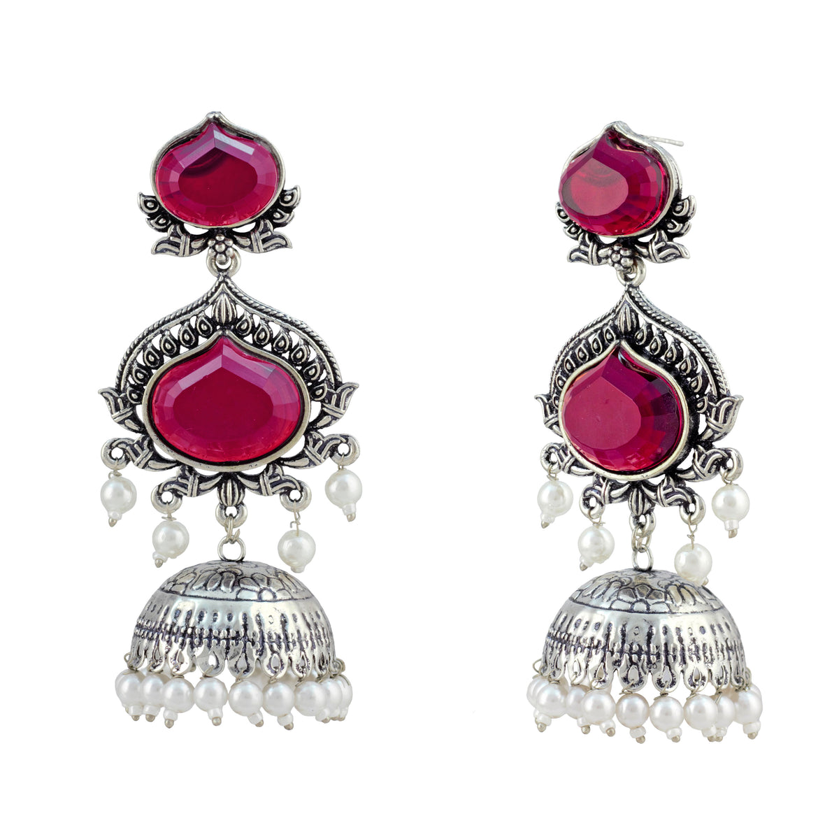 JFL - Jewellery for Less Oxidized Silver-Toned Jhumka Earrings with Wine Stone and Pearl Drops – Traditional Ethnic Jewellery for Women