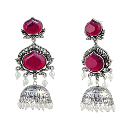 JFL - Jewellery for Less Oxidized Silver-Toned Jhumka Earrings with Wine Stone and Pearl Drops – Traditional Ethnic Jewellery for Women