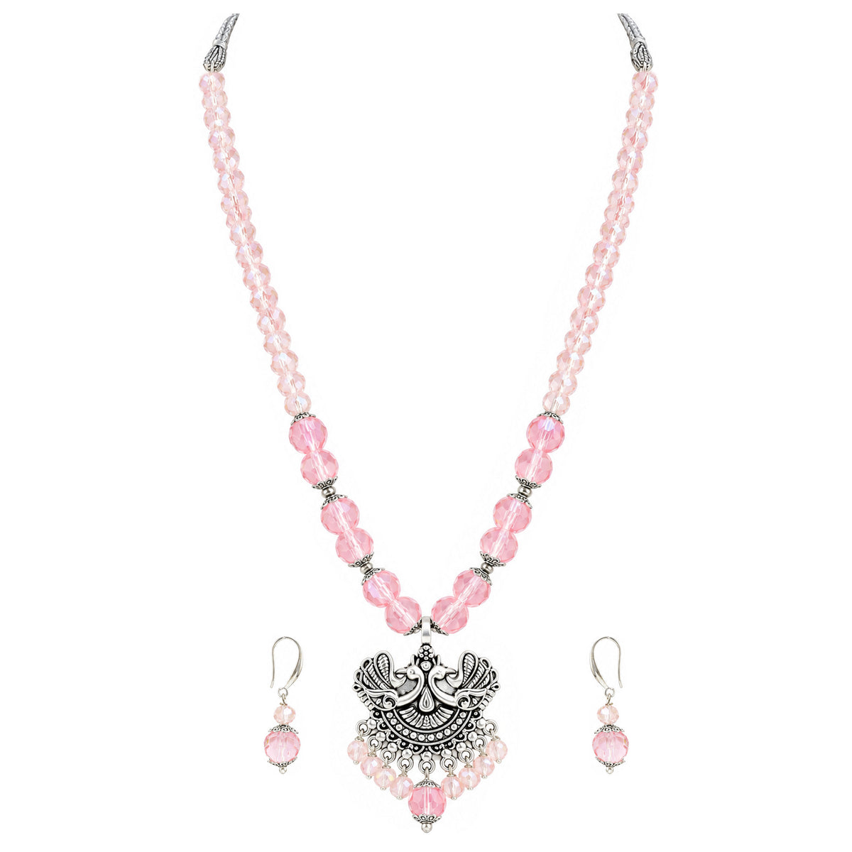 JFL - Jewellery for Less Oxidized German Silver Twin Peacock Pendant Pink Crystal Beads Necklace with Earrings Set for Women | Antique Silver Design Jewellery Set | Navratri Special Traditional Jewellery