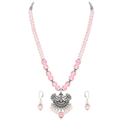 JFL - Jewellery for Less Oxidized German Silver Twin Peacock Pendant Pink Crystal Beads Necklace with Earrings Set for Women | Antique Silver Design Jewellery Set | Navratri Special Traditional Jewellery