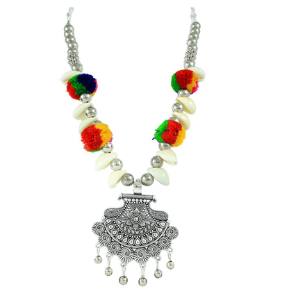 JFL - Jewellery for Less Oxidised Necklace Earrings Bracelet Set with Shell Beads, Multicolour Pom‑Poms & Charm Accents – Traditional Jewellery for Women & Girls – Navratri, Garba, Wedding & Party Use