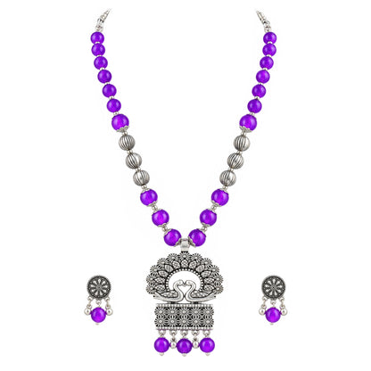 JFL - Jewellery for Less Oxidized German Silver Purple Beads Peacock Pendant Necklace and Earrings with Bracelet Set for Women | Antique Silver Floral Design Jewellery Set | Navratri Special Traditional Jewellery