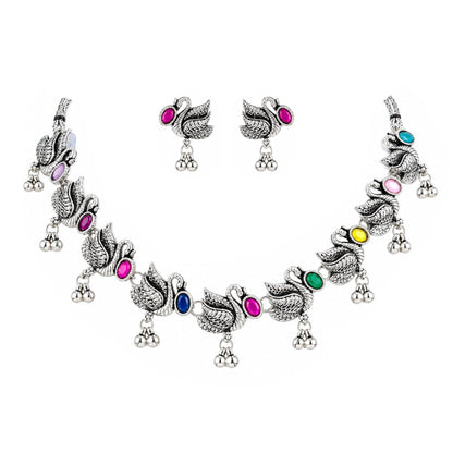 JFL - Jewellery for Less Oxidized German Silver Swan Necklace Set with Earrings – Colorful Stone Choker Jewellery Set for Women & Girls, Traditional Ethnic Antique Silver Combo
