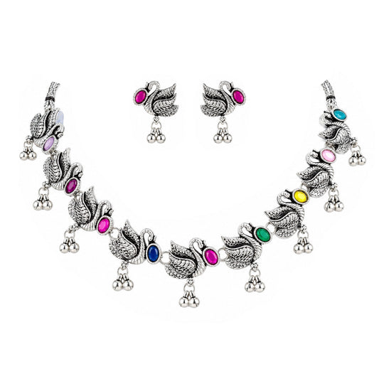 JFL - Jewellery for Less Oxidized German Silver Swan Necklace Set with Earrings – Colorful Stone Choker Jewellery Set for Women & Girls, Traditional Ethnic Antique Silver Combo