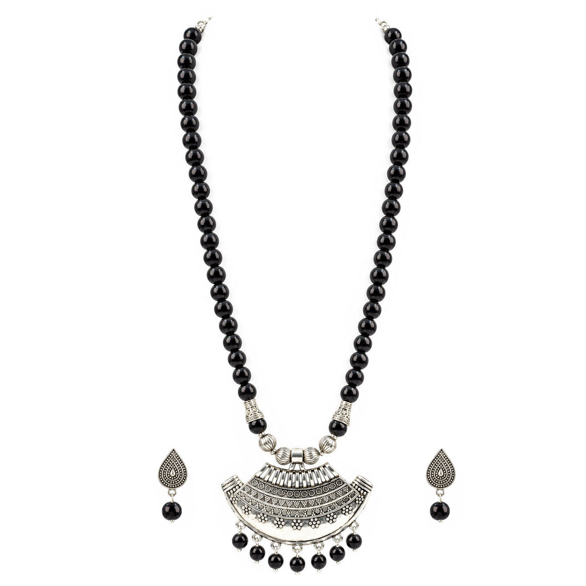 Oxidized German Silver Half Moon Pendant Necklace with Black Beads and Matching Earrings & Bracelet – Navratri Special Traditional Jewellery Set for Women