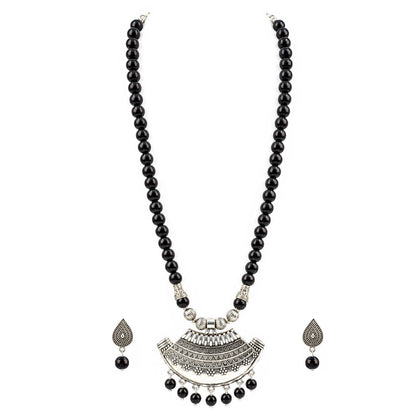Oxidized German Silver Half Moon Pendant Necklace with Black Beads and Matching Earrings & Bracelet – Navratri Special Traditional Jewellery Set for Women