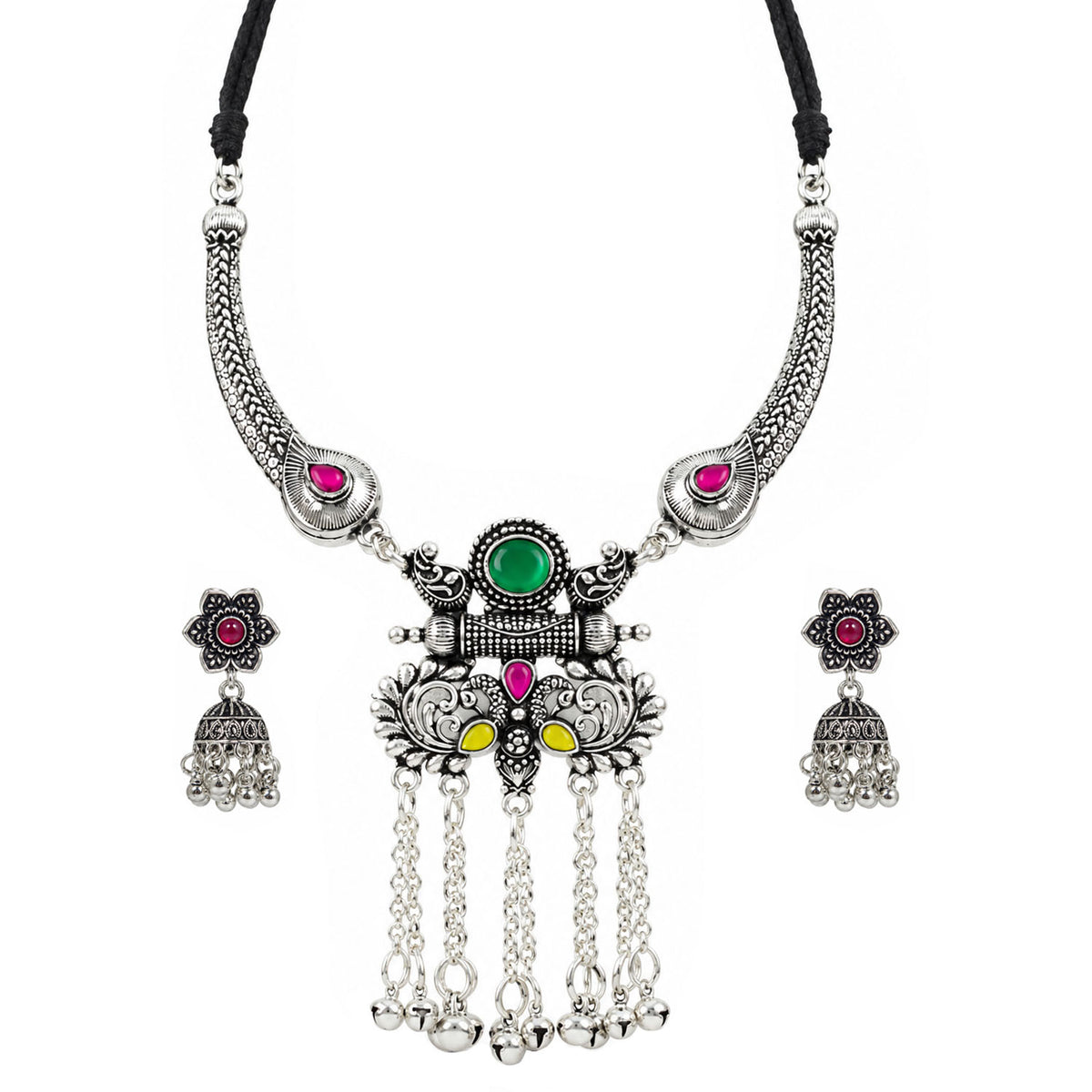 JFL - Jewellery for Less Oxidized German Silver Long Necklace Set with Earrings and Bracelet – Multicolor Stone Tassel Pendant Jewellery Set for Women & Girls, Traditional Ethnic Combo