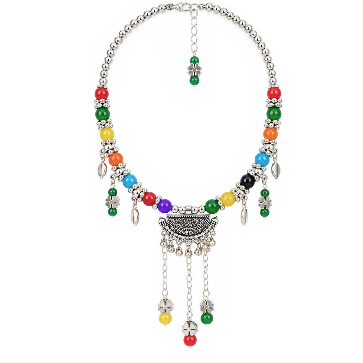 Oxidized German Silver Multicolor Beaded Necklace & Dangle Earrings Set – Ethnic Wire Collar Jewellery Set for Women, Navratri Special