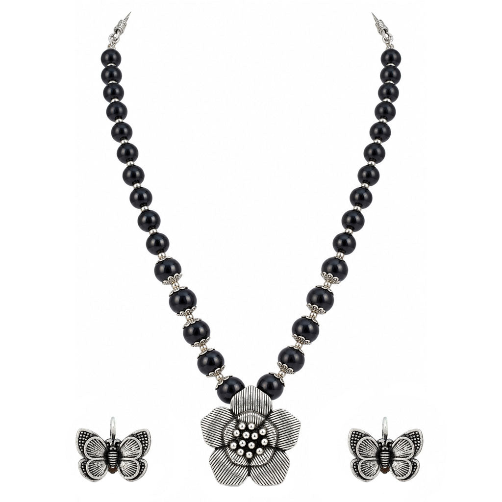 JFL - Jewellery for Less Oxidized Silver Flower Pendant Black Beads Necklace and Butterfly Earrings with Bracelet Set for Women & Girls | Navratri Special Traditional Jewellery Set