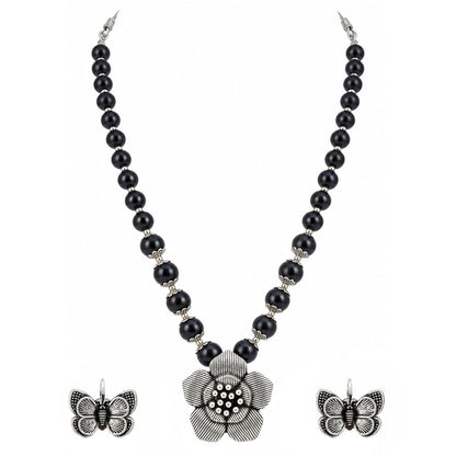 JFL - Jewellery for Less Oxidized Silver Flower Pendant Black Beads Necklace and Butterfly Earrings with Bracelet Set for Women & Girls | Navratri Special Traditional Jewellery Set