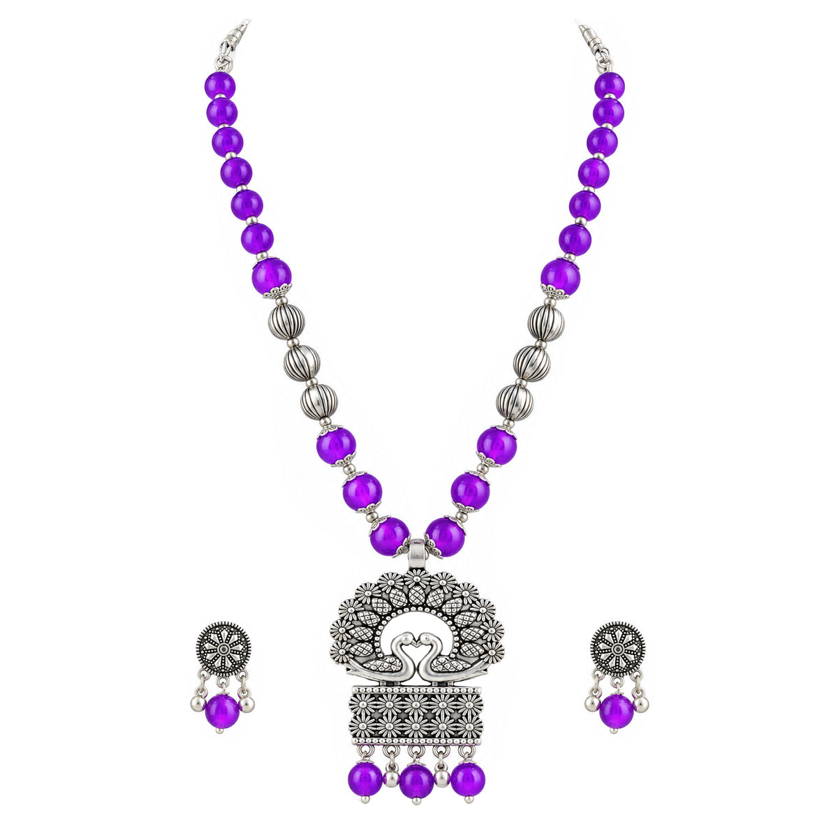 JFL - Jewellery for Less Oxidized German Silver Purple Beads Peacock Pendant Necklace with Earrings Set for Women | Antique Silver Floral Design Jewellery Set | Navratri Special Traditional Jewellery