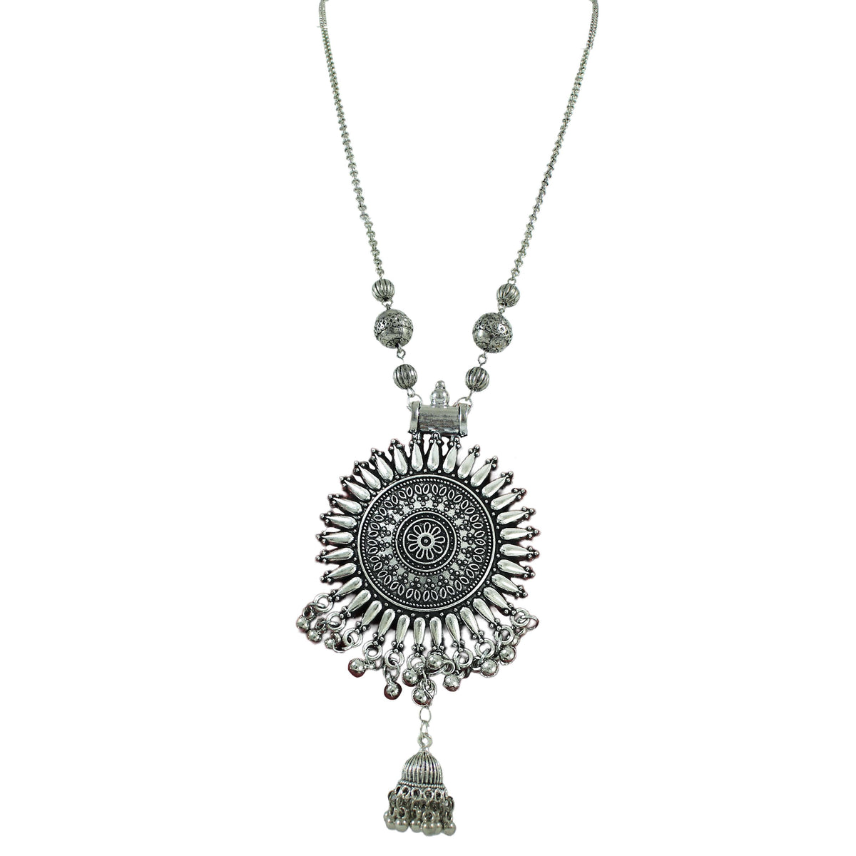 JFL-Jewellery for Less Oxidised Silver Jewellery Set – Necklace, Earrings with Intricate Circular Pendant & Matching Danglers – Jewellery for Women & Girls – Navratri, Garba