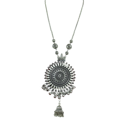 JFL-Jewellery for Less Oxidised Silver Jewellery Set – Necklace, Earrings with Intricate Circular Pendant & Matching Danglers – Jewellery for Women & Girls – Navratri, Garba