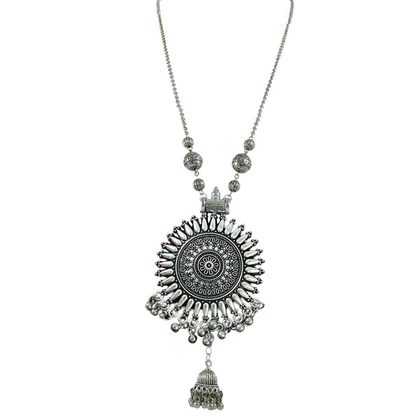 JFL-Jewellery for Less Oxidised Silver Jewellery Set – Necklace, Earrings with Intricate Circular Pendant & Matching Danglers – Jewellery for Women & Girls – Navratri, Garba