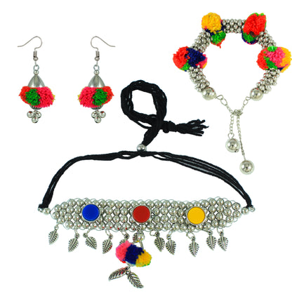 JFL - Jewellery for Less Navratri Special Oxidised Silver-Plated Multicolor Pom-Pom Beaded Necklace with Matching Earrings – Traditional Multicolor Thread Ethnic Jewellery Combo for Women & Girls