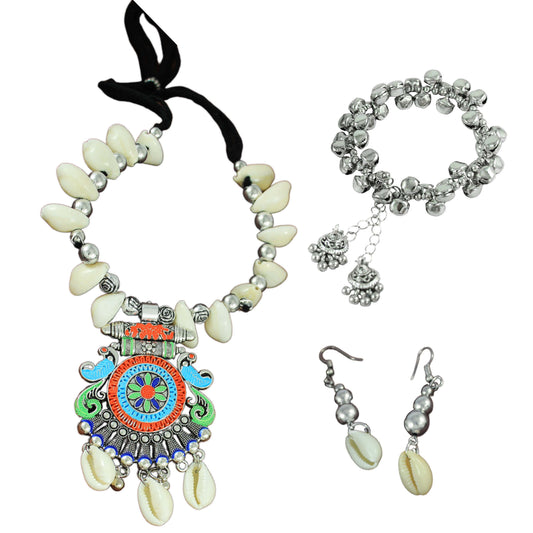JFL - Jewellery for Less Oxidised Multicolour Pendant Necklace Earrings Bracelet Set with Shell Beads & Charm Accents – Jewellery for Women & Girls – Navratri, Garba, Wedding & Party Use