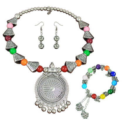 JFL - Jewellery for Less Handcrafted Oxidised Necklace Earrings Bracelet Set – Multicolour Beaded Ethnic Jewellery for Women & Girls – Navratri, Garba