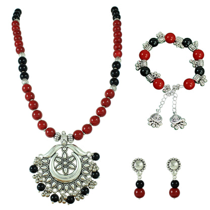 JFL – Jewellery for Less"Oxidised Silver Pendant Set with Maroon-Black Beads | Traditional Necklace, Bracelet & Earrings Combo for Women & Girls | Navratri, Garba