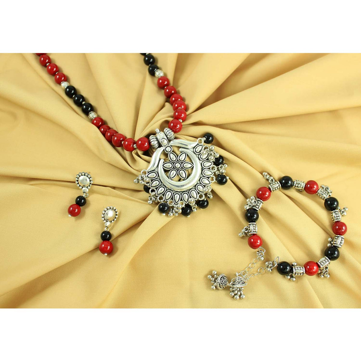 JFL – Jewellery for Less"Oxidised Silver Pendant Set with Maroon-Black Beads | Traditional Necklace, Bracelet & Earrings Combo for Women & Girls | Navratri, Garba
