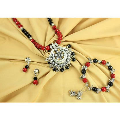 JFL-Jewellery for Less Maroon & Black Beaded Necklace Earrings Bracelet Set with Oxidised Silver Floral Temple Pendant & Jhumka Danglers – Jewellery for Women & Girls – Navratri, Garba