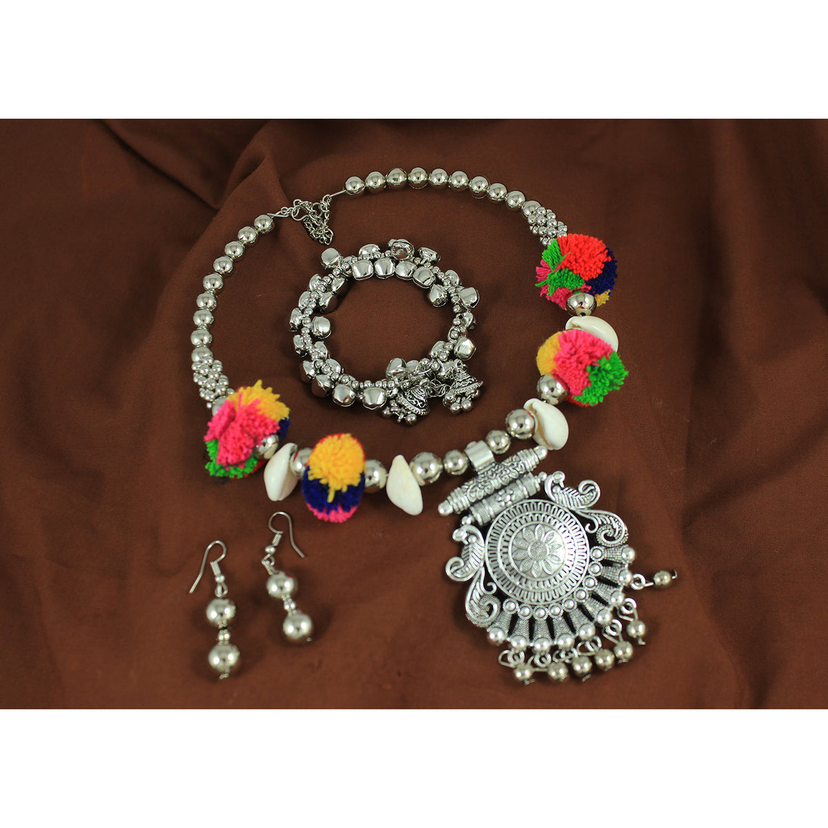 JFL - Jewellery for Less Oxidised Pendant Necklace Bracelet Earrings Set with Pom‑Pom, Shell & Elephant Charm – Traditional Jewellery Combo for Women & Girls – Navratri, Garba, Wedding & Party Use