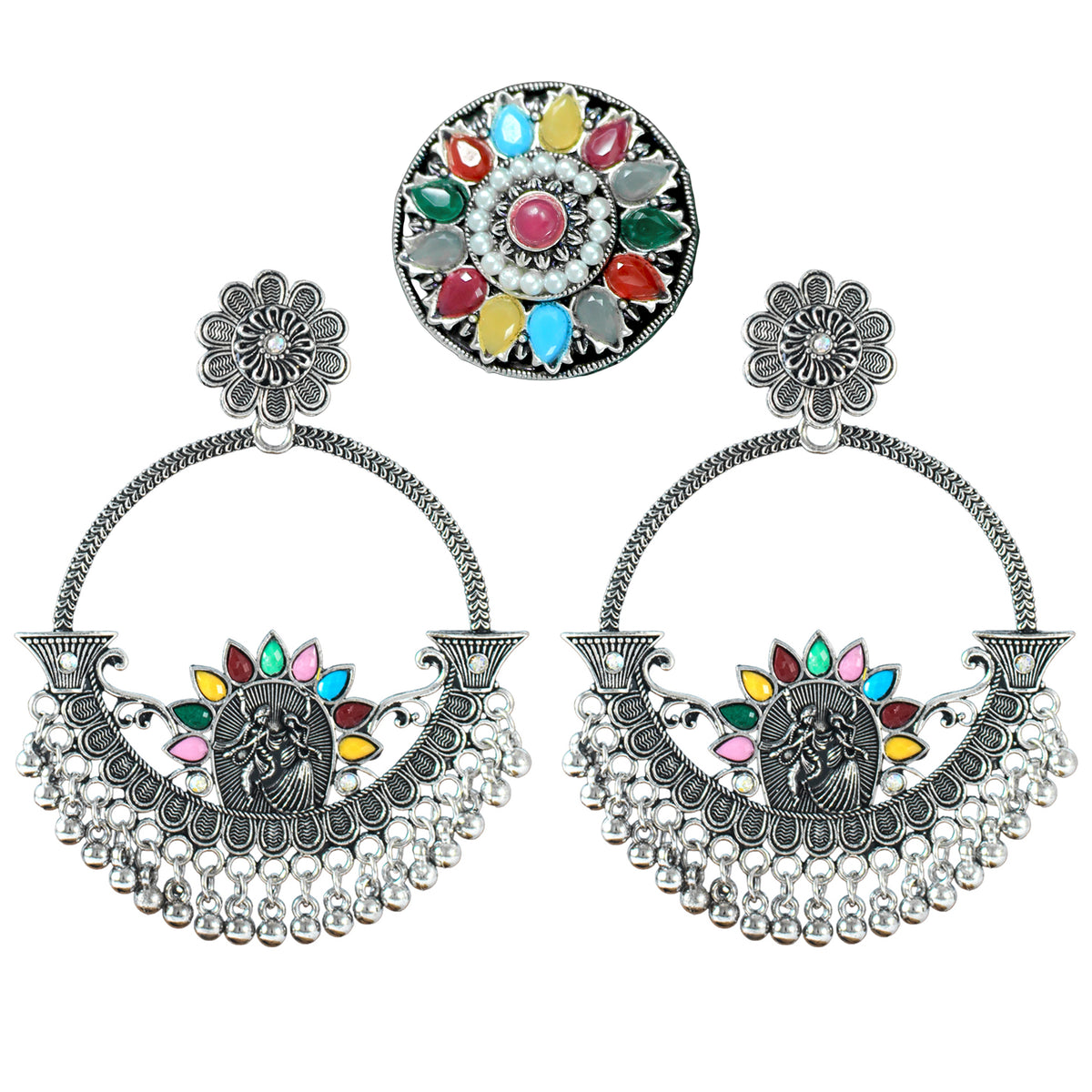 JFL - Jewellery for Less Oxidised Silver-Plated Earrings & Finger Ring Combo – Multicolor Stone Ethnic Jewellery Set with Floral & Radial Motifs – Navratri for Women & Girls