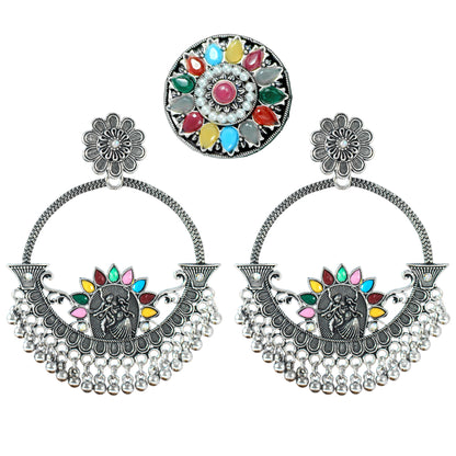 JFL - Jewellery for Less Oxidised Silver-Plated Earrings & Finger Ring Combo – Multicolor Stone Ethnic Jewellery Set with Floral & Radial Motifs – Navratri for Women & Girls